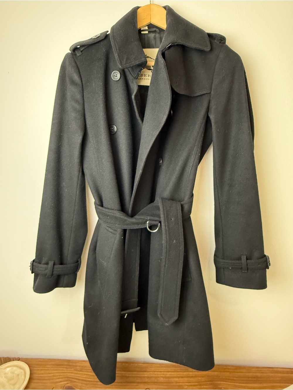 Burberry Black Wool Coat with Branded Interior Label